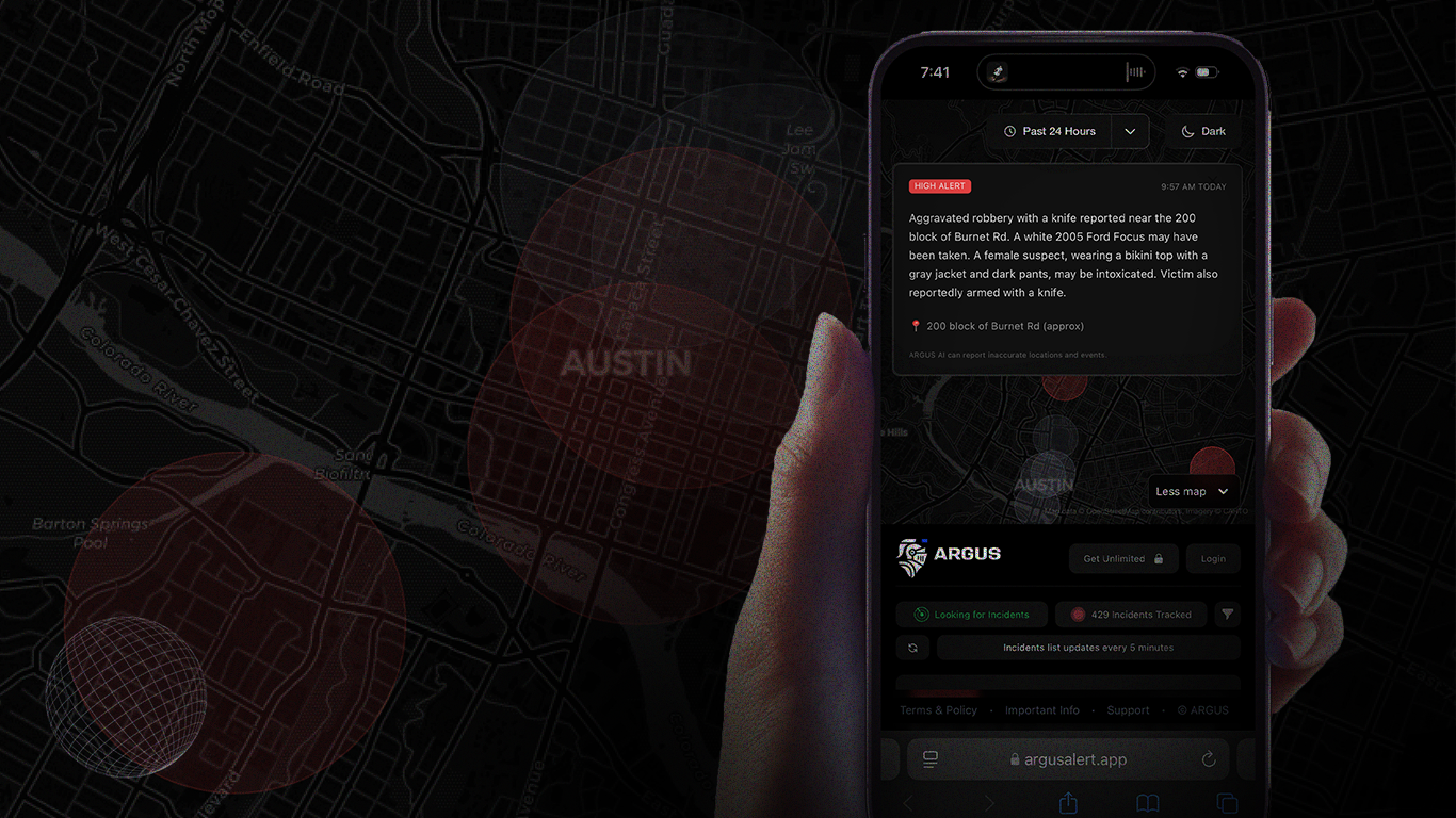 Mobile safety alert notification showing Austin crime incident details and location information